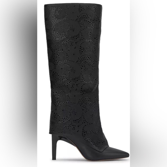 Jessica Simpson black Brykia perforated laser cut lace Cuffed knee hi Boots sz11 - Picture 5 of 6